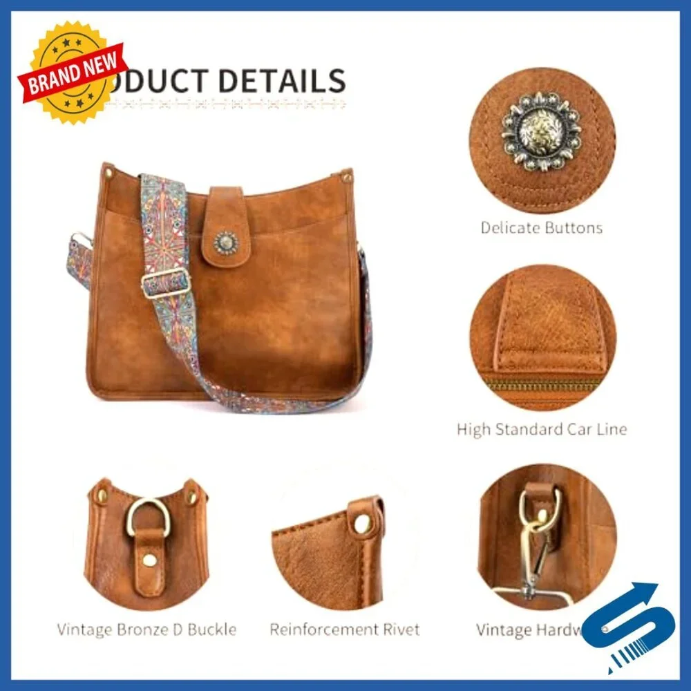 Vegan Leather Hobo Bag Crossbody Purse Trendy Boho Two Strap Design - Picture 5 of 7